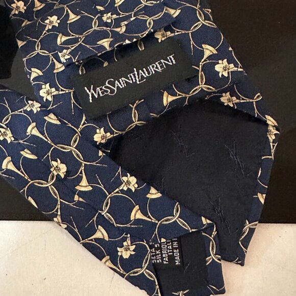 YSL Tie Yves Saint Laurent Silk Necktie Blue Daffodil Designer Couture Floral - Picture 2 of 5